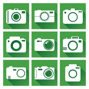 Camera icon set on green background with long shadow. Vector illustration in flat style with photography icons.