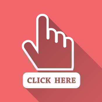Click here icon. Hand cursor signs. Pink buttons with long shadow. Flat vector illustration.