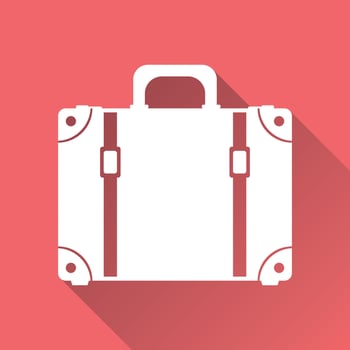 Suitcase flat vector illustration on red background with long shadow. Case for tourism, journey, trip, tour, voyage, summer vacation.