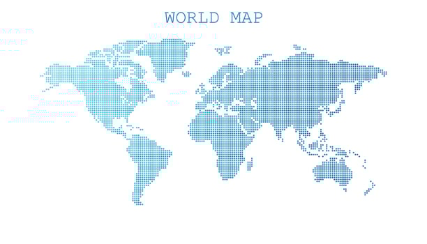 Dotted blank blue world map isolated on white background. World map vector template for website, infographics, design. Flat earth world map with round dots illustration.