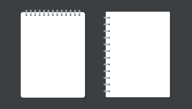 Realistic template notepad with spiral. Blank cover design. School business diary. Office stationery notebook on black background vector