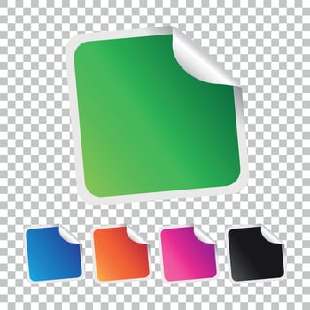 Set of blank stickers. Empty promotional labels. Vector illustration. Green, blue, orange, violet, black square tags.