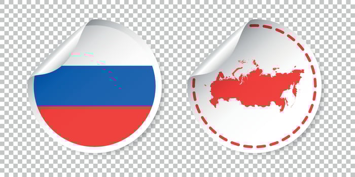 Russia sticker with flag and map. Russian Federation label, round tag with country. Vector illustration on isolated background.