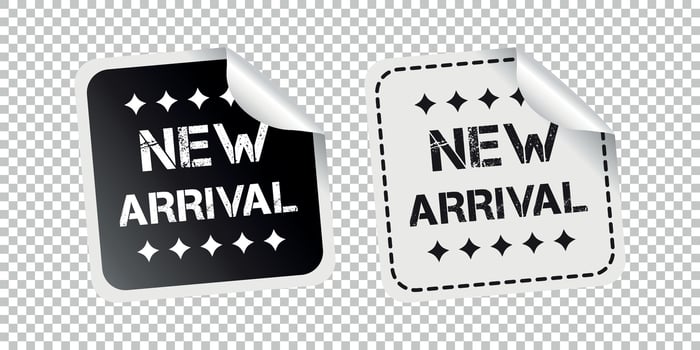 New arrival sticker. Black and white vector illustration.