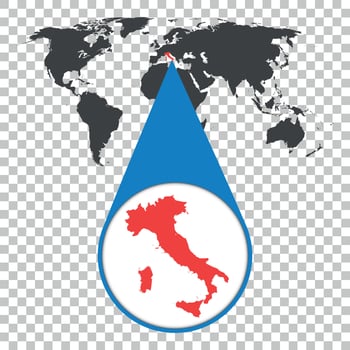 World map with zoom on Italy. Map in loupe. Vector illustration in flat style