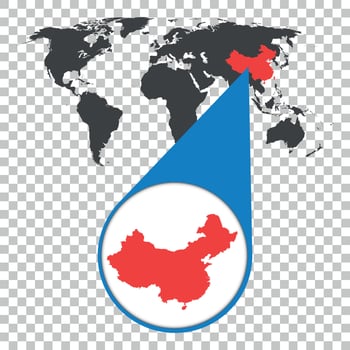 World map with zoom on China. Map in loupe. Vector illustration in flat style