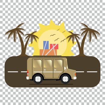 Travel car campsite place landscape. Palm, birds, sun, beach, and road. Vector illustration in flat style.