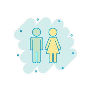 Cartoon colored man and woman icon in comic style. WC illustration pictogram. Restroom sign splash business concept. vector