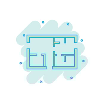 Vector cartoon house plan icon in comic style. Architect scheme sign illustration pictogram. House scheme business splash effect concept.