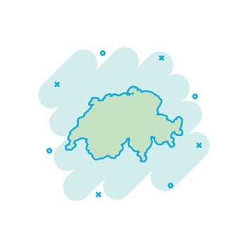 Vector cartoon Switzerland map icon in comic style. Switzerland sign illustration pictogram. Cartography map business splash effect concept.