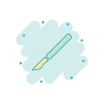 Vector cartoon medical scalpel icon in comic style. Hospital surgery knife sign illustration pictogram. Scalpel business splash effect concept.