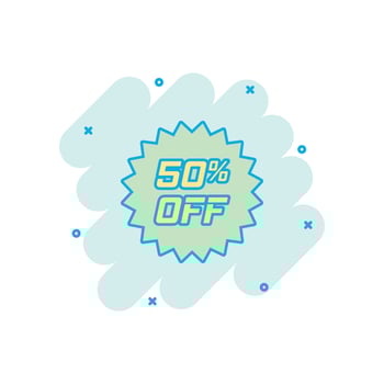 Vector cartoon discount sticker icon in comic style. Sale tag illustration pictogram. Promotion 50 percent discount splash effect concept.