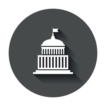Bank building icon in flat style. Government architecture vector illustration with long shadow. Museum exterior business concept.