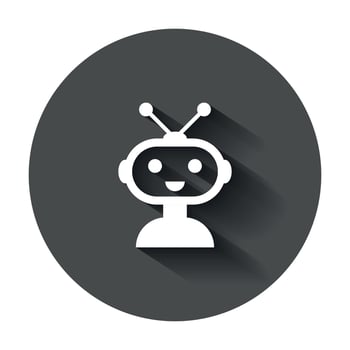 Cute robot chatbot icon in flat style. Bot operator vector illustration with long shadow. Smart chatbot character business concept.