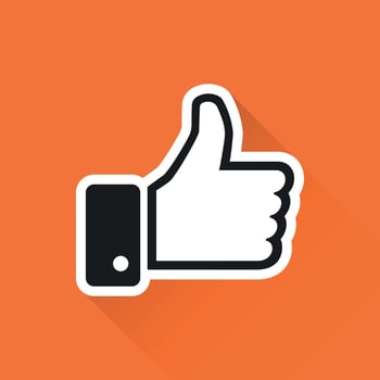 Like icon vector illustration in flat style isolated on orange background with long shadow. Thumb up symbol for web site design, logo, app, ui.