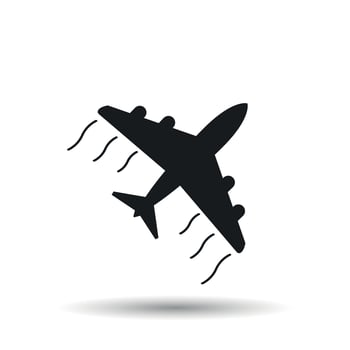 Airplane icon. Flat vector illustration. Plane sign symbol with shadow on white background.