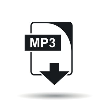 MP3 icon. Flat vector illustration. MP3 download sign symbol with shadow on white background.