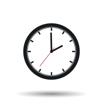 Clock icon. Flat vector illustration. Time sign symbol with shadow on white background.