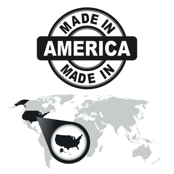 Made in America, USA stamp. World map with zoom on country. Vector emblem in flat style on white background.