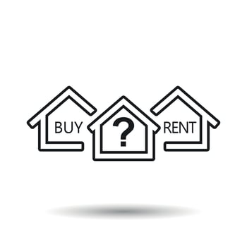 Concept of choice between buying and renting house in line style. Black home icon with the question. Vector illustration in flat style on white background.