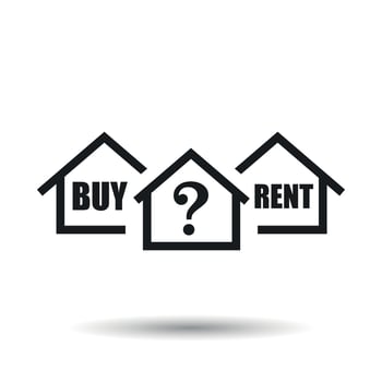 Buy or rent house. Black home symbol with the question. Vector illustration in flat style on white background.