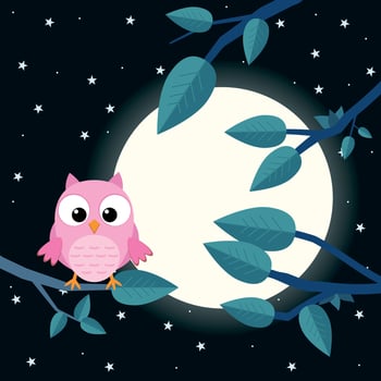 Colorful tree with cute owl. Cartoon bird in moon forest. Flat vector illustration.