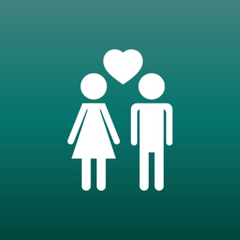 Vector man and woman with heart icon on green background. Modern flat pictogram. Simple flat symbol for web site design.