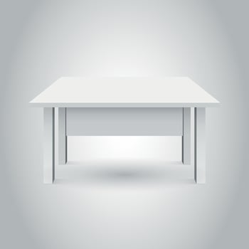 Vector 3d table for object presentation. Empty white top table isolated on gray background.