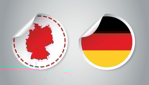 Germany sticker with flag and map. Label, round tag with country. Vector illustration on gray background.