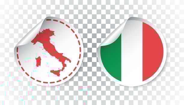 Italy sticker with flag and map. Label, round tag with country. Vector illustration on isolated background.