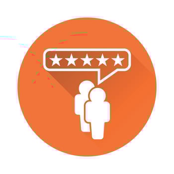 Customer reviews, rating, user feedback concept vector icon. Flat illustration on orange background with long shadow.