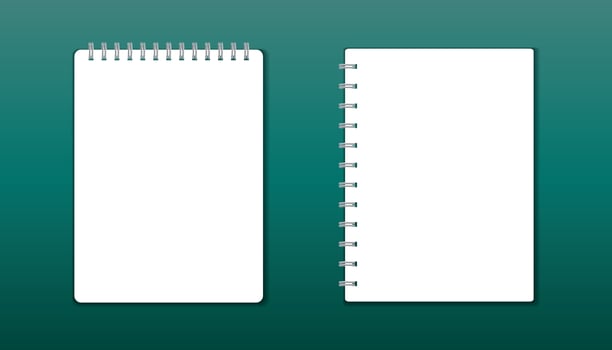 Realistic template notepad with spiral. Blank cover design. School business diary. Office stationery notebook on green background vector