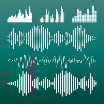 Vector sound waveforms icon. Sound waves and musical pulse vector illustration on green background.