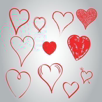 Hearts icon set. Love hand drawn vector illustration on gray background.