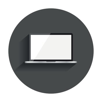 Laptop with white screen flat icon. Computer realistic vector illustration with long shadow.
