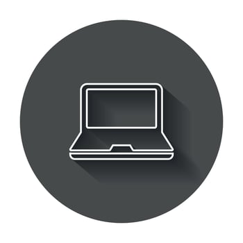 Computer notebook vector illustration in line style. Monitor flat icon with long shadow.