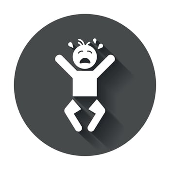 Crying baby vector icon. Anger emotions child flat illustration on black round background with long shadow.