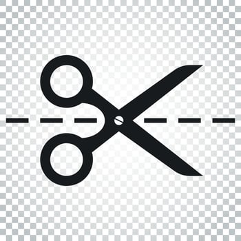 Scissors icon with cut line. Scissor vector illustration. Simple business concept pictogram on isolated background.