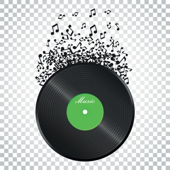 Vinyl disk with flying sound note. Music disk vector illustration. Sound record. Business concept simple flat pictogram on isolated background.