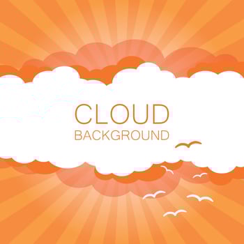 Clouds in the sky with sun rays. Flat vector illustration in cartoon style. Orange colorful sunset background.