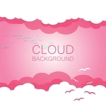 Clouds in the sky with sun rays. Flat vector illustration in cartoon style. Pink colorful sunset background.