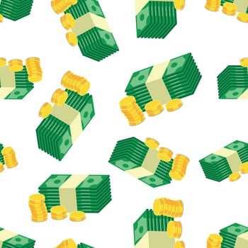 Stacks of gold coins and dollar cash seamless pattern background. Business flat vector illustration. Money sign symbol pattern.