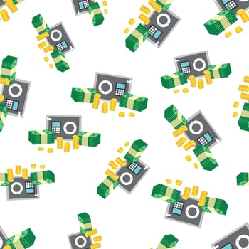 Closed small safe box and stacks of gold coins and stacks of dollar cash seamless pattern background. Business flat vector illustration. Money sign symbol pattern.
