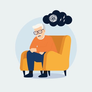Anxious Senior Man Sitting on Sofa. Flat design style Vector Illustration.