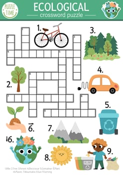 Vector ecological crossword puzzle for kids. Simple Earth day quiz with eco city landscape for children. Eco awareness educational activity. Cute cross word with forest, planet, plants