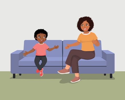 Young African mother talking to her son sitting on sofa giving advises encouragement and support vector