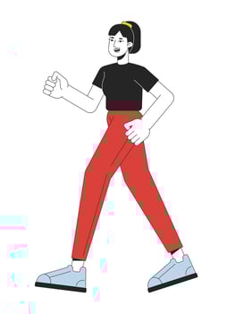 Active girl running flat line color vector character. Editable outline full body woman in gym on white. Active life simple cartoon spot illustration for web graphic design