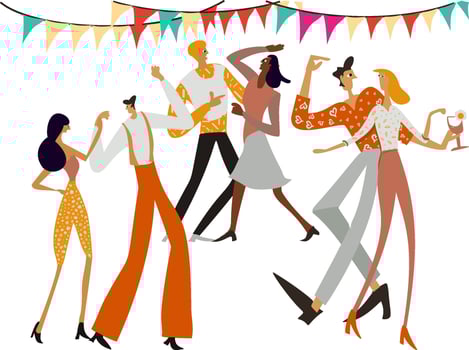Diverse Couple dancing with classic retro dress and suit, Vintage party scene in motion vector
