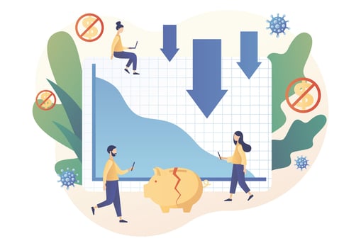 Economic downturn. Financial crisis concept. Tiny businessmen faces Coronavirus pandemic or COVID-19 impact on global economy and stock markets. Modern flat cartoon style. Vector illustration