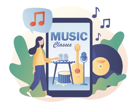 Music and vocal lessons. Tiny girl musician with big smartphone music notebook, microphone, guitar, keyboard, drum. Online education. Modern flat cartoon style. Vector illustration on white background